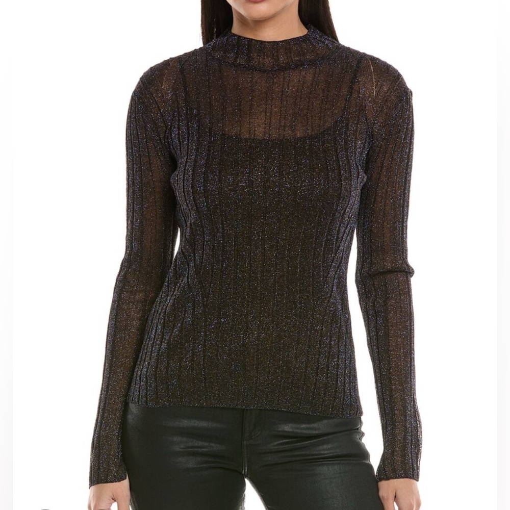 AllSaints Patrice Top Size Small Fitted Sheer Mock Neck Metallic Blue Ribbed